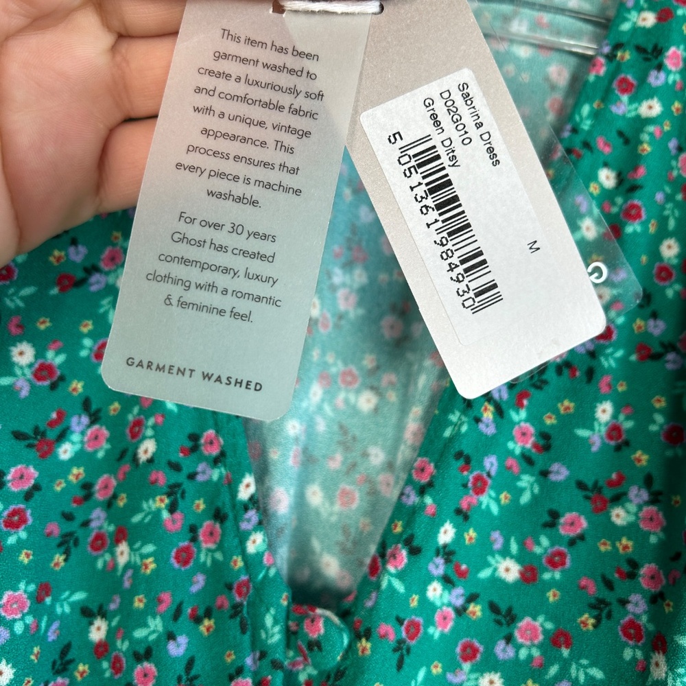 Ghost London size M Sabrina dress green ditsy floral buttoned puff sleeve midi - Picture 11 of 14